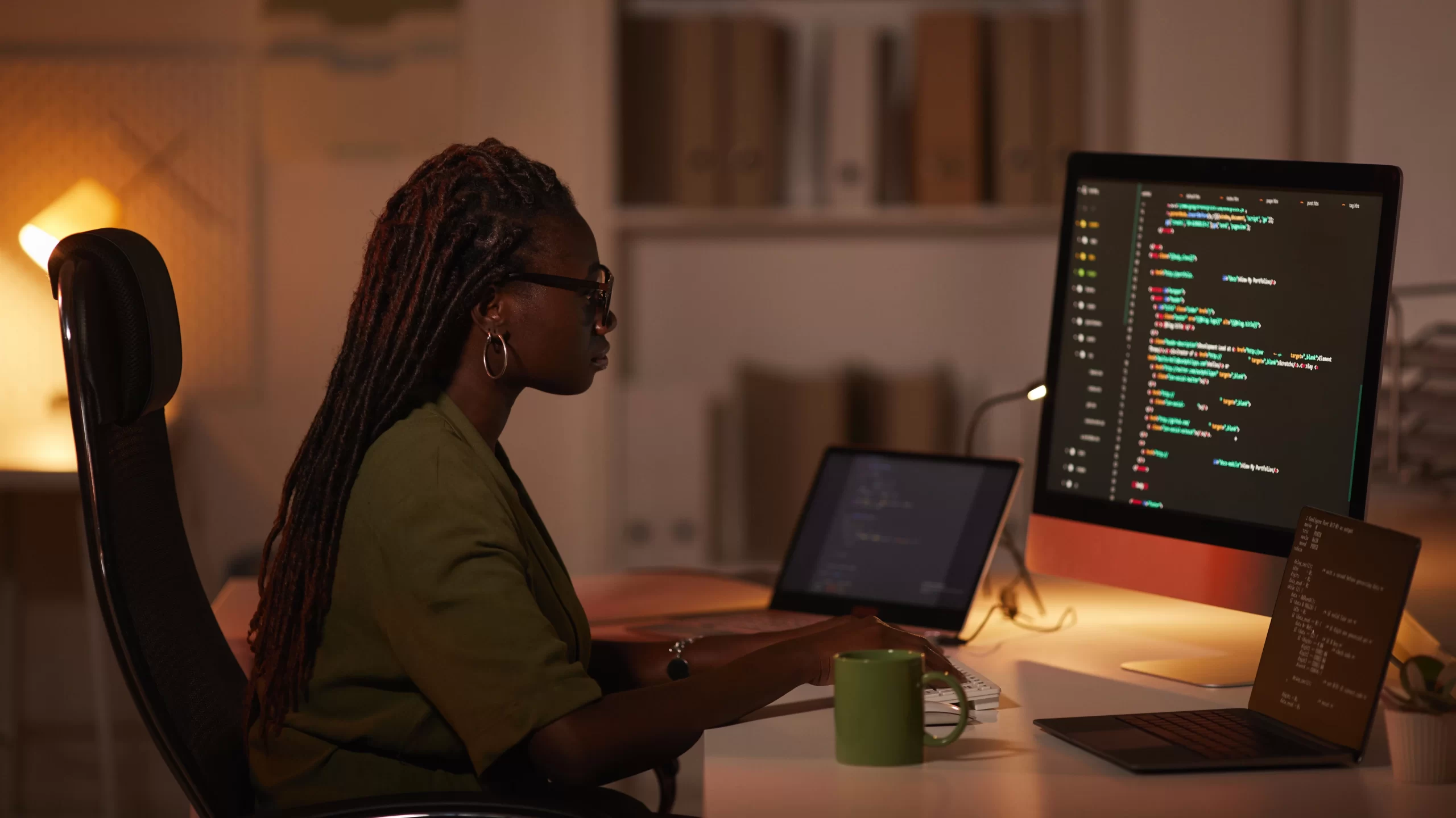 A woman sitting at a computer and coding