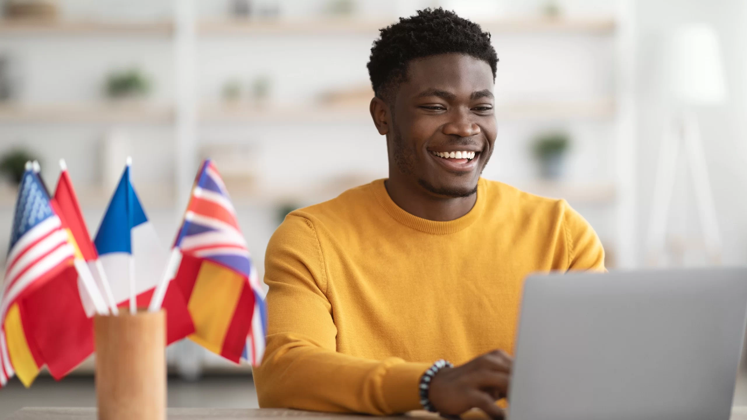 A man looking at a laptop with small country flags next to him