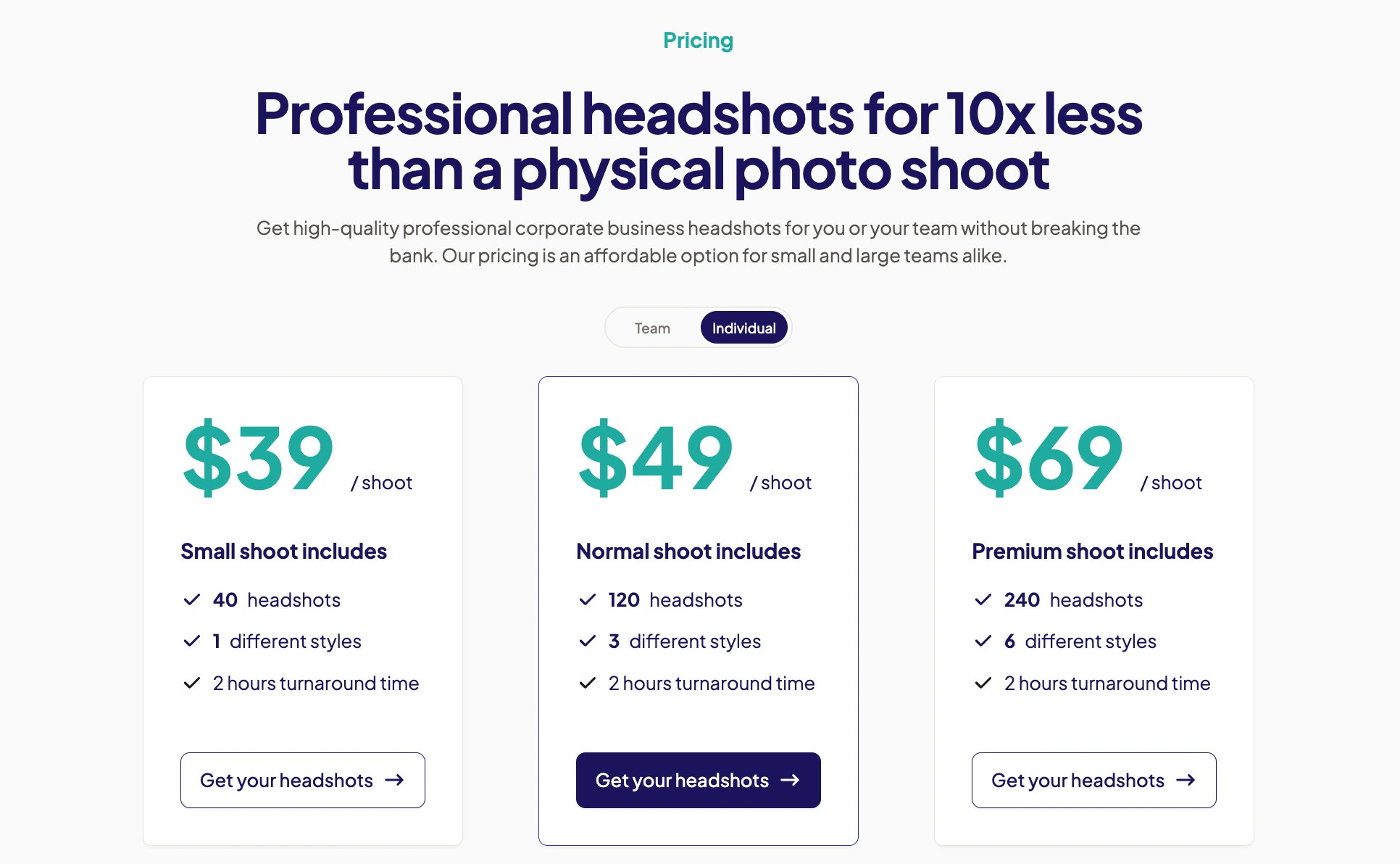 HeadshotPro's pricing from their website