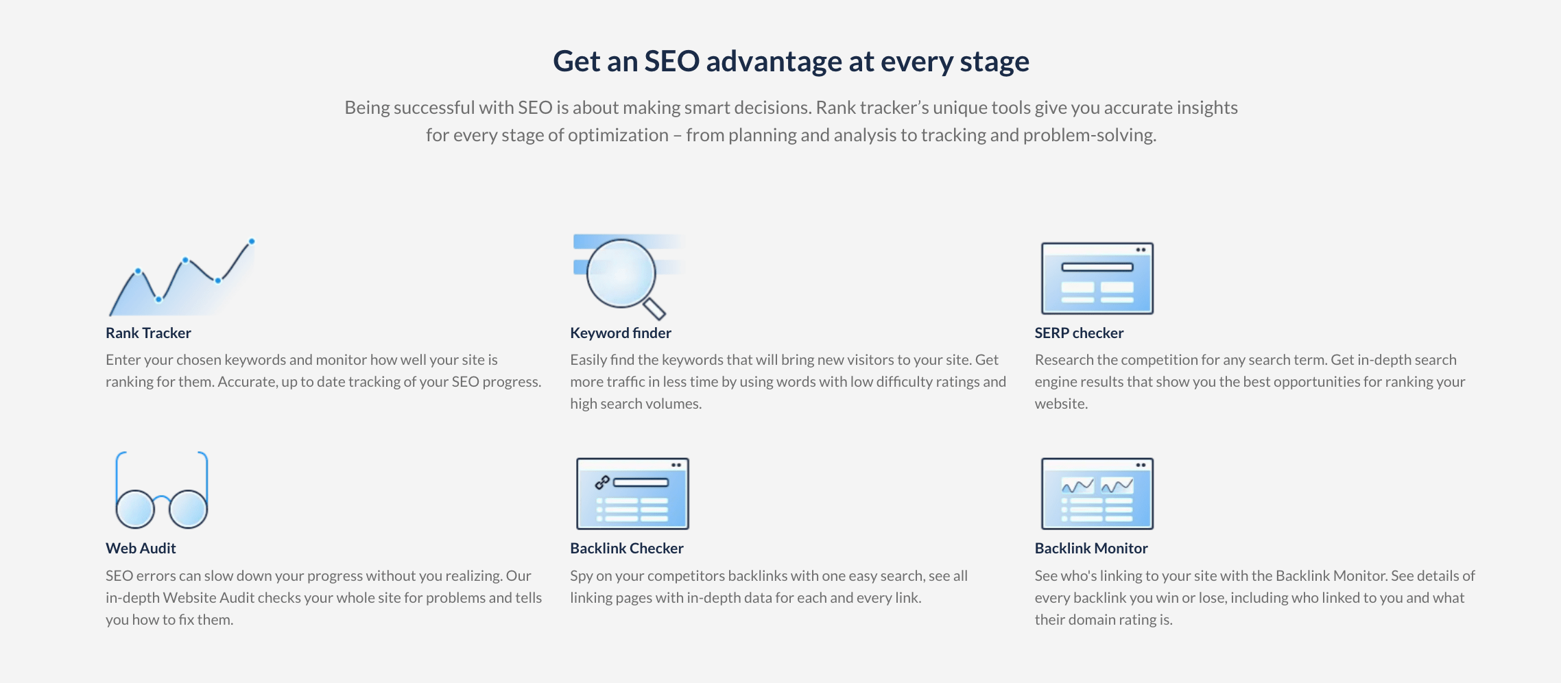 Ranktracker's features info from their website