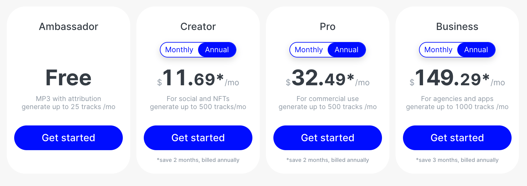 Mubert's pricing info (February 2024)